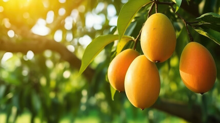 juicy ripe yellow mango fruits hanging on tree branches, garden, delicious tropical fruit, exotic, harvest, Thailand, plants, sun, healthy eating, green foliage, leaves, nature