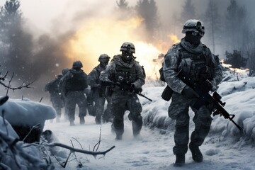 Group of infantry soldiers in uniforms walking over snow covered landscape, Military conflict or war concept - 695119155