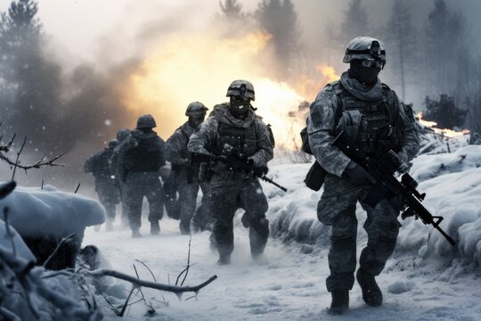 Group of infantry soldiers in uniforms walking over snow covered landscape, Military conflict or war concept