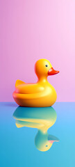 Illustration of yellow rubber duck on blue and pink background. 