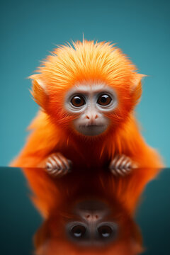 Сreative portrait of a funny orange monkey and its reflection on the surface of the water.