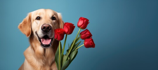 Cute dog with tulip flower on valentines day on background - obrazy, fototapety, plakaty