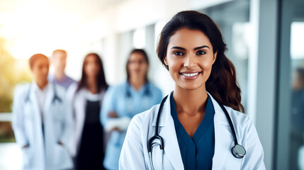 Happy smiling female doctor with a stethoscope. Doctor on the blurred background of medical personnel. Healthcare workers in the hospital. Hospital staff. AI-generated - obrazy, fototapety, plakaty