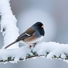 Dark-eyed junco perching on tree branch covered with snow