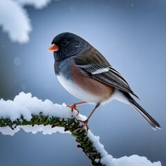 Fototapeta premium Dark-eyed junco perching on tree branch covered with snow