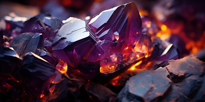 Raw unpolished natural amethyst stones background. Beautiful abstract banner with purple mineral stone background with golden shining for banner and wallpaper design. 