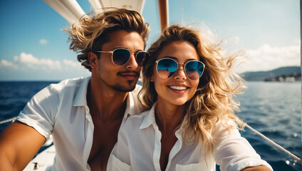 Portrait of a happy couple on a yacht amusement