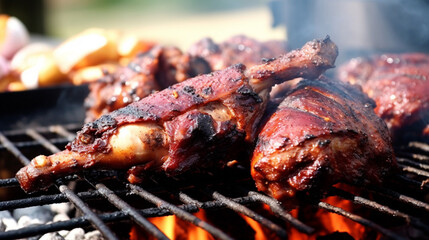 , Barbecue Meal, Barbecue Grill, Grilled Chicken, Picnic Table, Grilled meat, chicken. generative ai