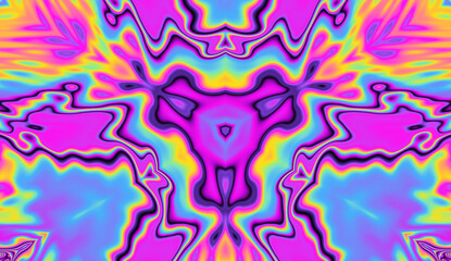 Vibrant kaleidoscopic geometric hypnotic background in neon psychedelic acidic hues.