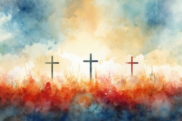 Watercolor drawing with a cross, a symbol of the Christian faith. Background with selective focus and copy space