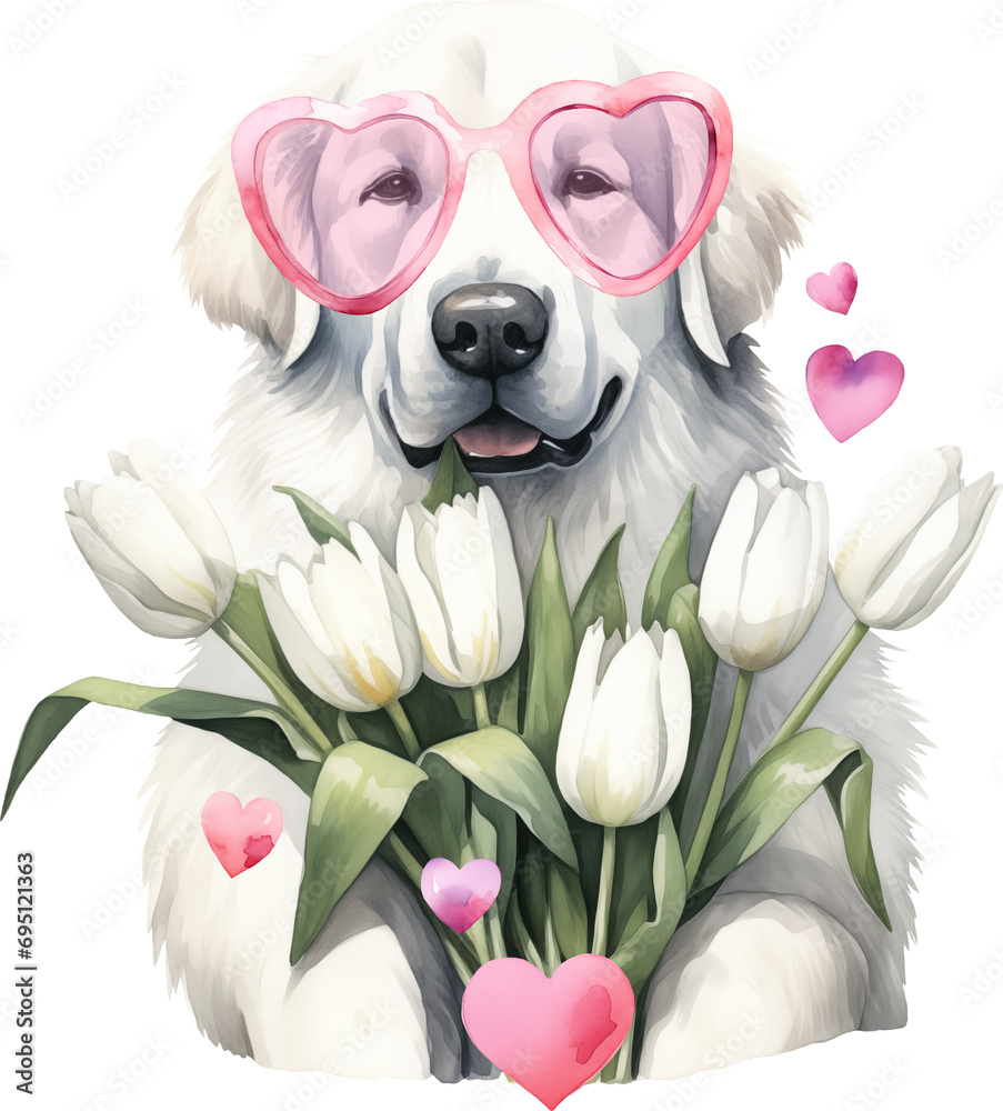 Aufkleber valentine great pyrenees dog portrait illustration created with generative ai technology