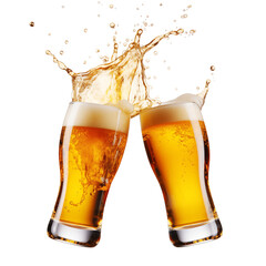Two Flying Beer Glasses with Beer Foam in a Transparent Background.