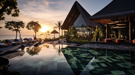 Obraz premium Sun loungers against the backdrop of a sunset. Beautiful pool and sunset sky. Luxury tropical hotel, sun loungers and water reflection.travel and vacation concept