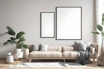 Single vertical ISO A0 frame mockup, reflective glass, mockup poster on the wall of living room. Interior mockup. Apartment background. Modern Japandi interior design. 3D rende - obrazy, fototapety, plakaty