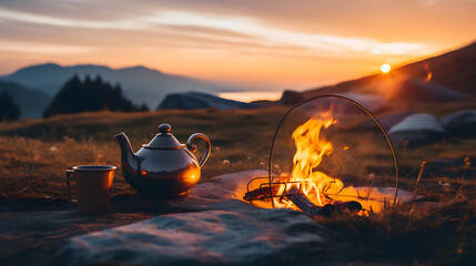 Fototapeta na wymiar Tea pot and burning campfire on top of a mountain with beautiful nature landscape in background during a colorful sunset.
