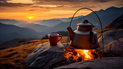Camp fire and tea pot over a fire and a flame on top of a mountain with beautiful nature landscape in background during a colorful sunset.