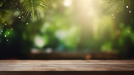Empty wooden desk with blurred green garden natural background. Spring and summer backdrop outdoors, Product display with copy space for text, Banner, Digital greeting card.