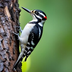 Hairy woodpecker perching on tree branch - obrazy, fototapety, plakaty