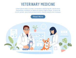 Young veterinarians examining cute animals cat and dog on pet hospital background. Veterinary medicine website template with button. Flat line internet web page Vet clinic homepage vector illustration