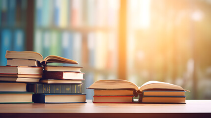 Book stack and opened book on wood desk and blurred bookshelf in the library room. World book day, Education learning and back to school concept.