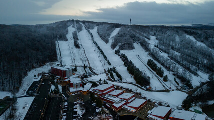 Aerial of Poconos mountain with snow 