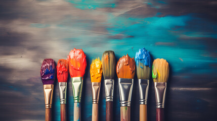 Group of used brushes and colorful oil paint on the background. Used brushes and multi color...