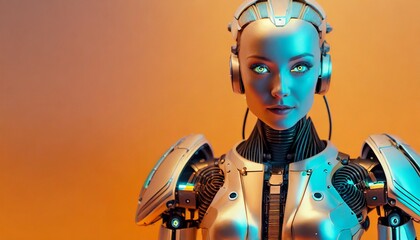 Highly detailed Portrait beautiful blonde robot with artificial intelligence. Text space. Orange background