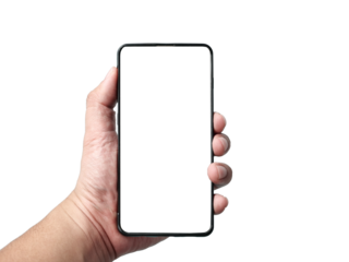 Hand holding empty blank smart phone, copy space mock up template