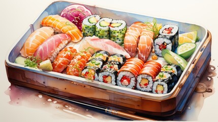 close-up view of a variety of sushi rolls, including salmon, tuna, and avocado maki