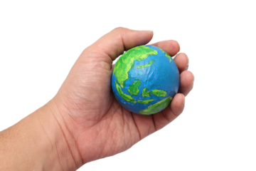 Painted planet earth globe hold in hand, cut out isolated