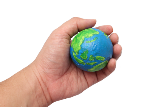 Painted planet earth globe hold in hand, cut out isolated