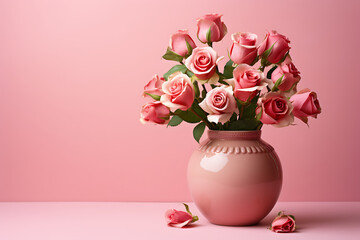 ceramic vase with roses isolated on a pink background