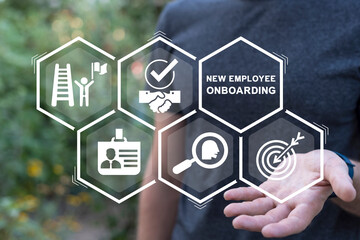 Man using virtual touch screen sees text: NEW EMPLOYEE ONBOARDING. Onboarding new employee, warm...