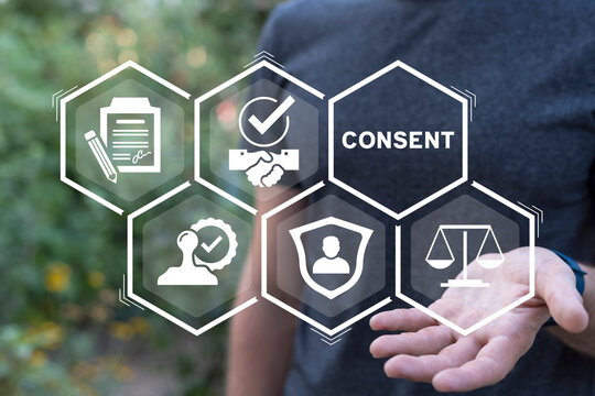 Man using virtual touch screen sees word: CONSENT. Medical informed consent concept. Data Privacy Compliance, Consent Management, Personal Data Protection Concept.
