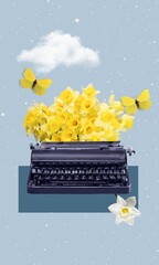 Collage of typing vintage keyboard and flower bouquet