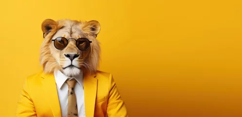 Foto op Plexiglas Portrait of a lion in a business suit on a yellow background © evgenia_lo