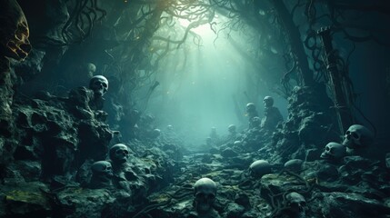 photorealistic painting of a dark forest with skulls scattered among the rocks and roots of towering trees