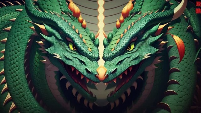 Close up Eastern green dragon in asian illustration. Chinese New Year.