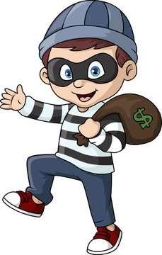 Cute thief cartoon carrying a bag
