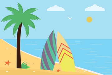  Summer beach with surfboards, palm tree, sea and sand. Vector illustration in flat style, EPS 10.