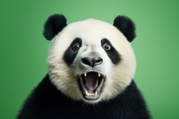 surprised panda bear with open mouth isolated on green background,
