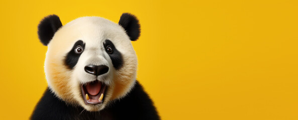 surprised panda bear with open mouth isolated on yellow background, copy space