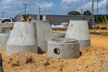 Stacked concrete drainage sewage storm water manhole at construction site are prepare for installation
