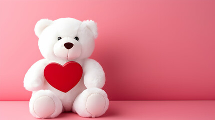 Obraz premium White bear with heart on the pink background. Copy space. Woman's, valentine's or mother's day concept.
