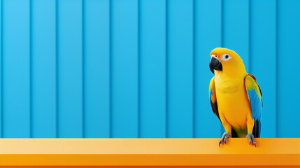 Close up shot of blue and yellow Parrot on a yellow table against blue fence or house background. Studio portrait of a Budgerigar with copy space for text. Wild Animal and Advertisement concept - Powered by Adobe