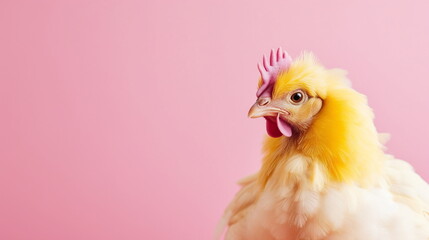 Close up shot of a white and yellow Hen on a pink background. Studio portrait of a Chicken with...