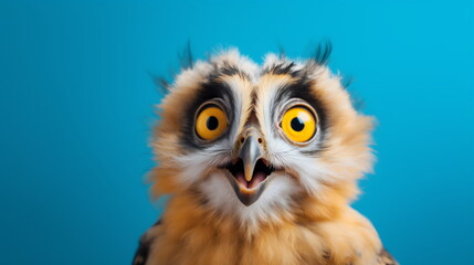 Fototapeta premium Close up shot of a Surprised Owl on a blue background. Studio portrait of an Owl chick against a blue backdrop with copy space for text. Education, Wild Animal and Advertisement concept