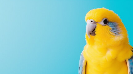 Close up shot of blue and yellow Parrot on a blue background. Studio portrait of a Budgerigar against a teal backdrop with copy space for text. Wild exotic animal and Advertisement concept - Powered by Adobe