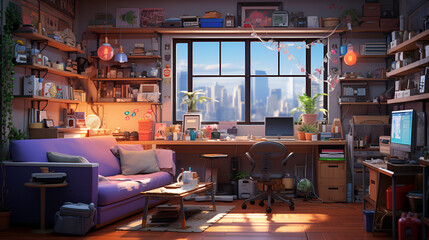 Lofi living room with study table, anime style