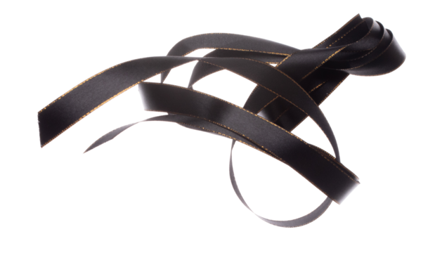 Black ribbon long straight fly in air with curve roll shiny. Black ribbon for present gift birthday party to wrap around decorate and curl curve long straight. White background isolated